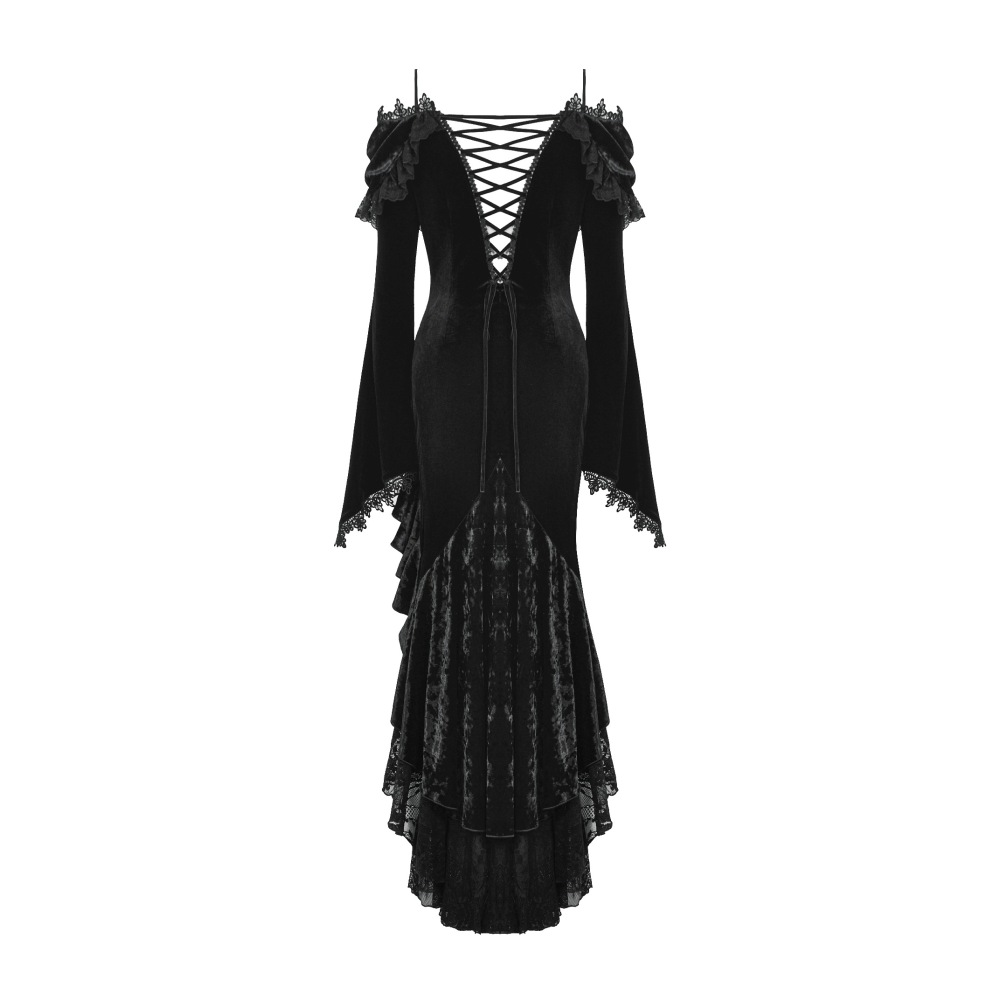 Dark in Love - Dark Velvet Ruffle Hem Gem Pendant Off-Shoulder Mermaid Longue robe - Noir